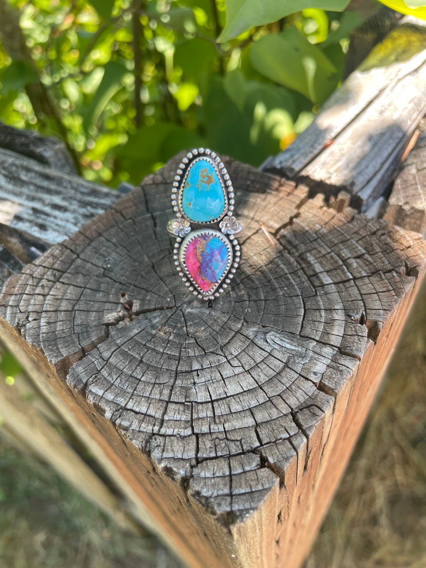 Pink Mojave and blue moon turquoise ring